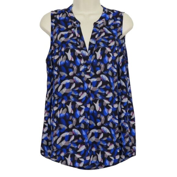 Noir Womens Medium Blue Watercolor Brush Stroke Sleevless Blouse Shirt Buttons - Picture 9 of 9